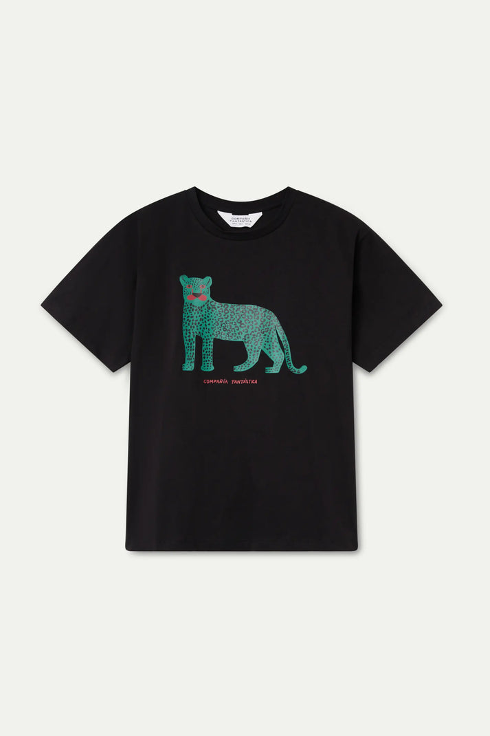 Camiseta negra 100% algodón con print de Leopardo
